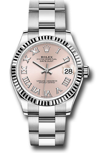 Rolex Steel and White Gold Datejust 31 Watch - Fluted Bezel - Pink Roman Dial - Oyster Bracelet