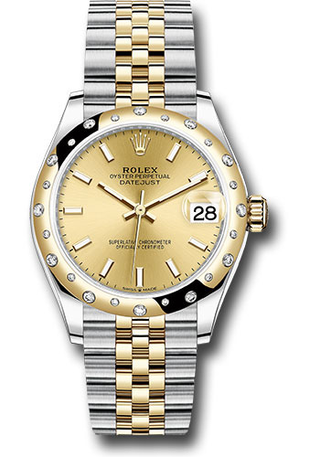 Rolex Steel and Yellow Gold Datejust 31 Watch - Domed Diamond Bezel - Champagne Index Dial - Jubilee Bracelet