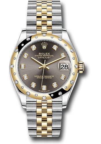 Rolex Steel and Yellow Gold Datejust 31 Watch - Domed Diamond Bezel - Dark Grey Diamond Dial - Jubilee Bracelet