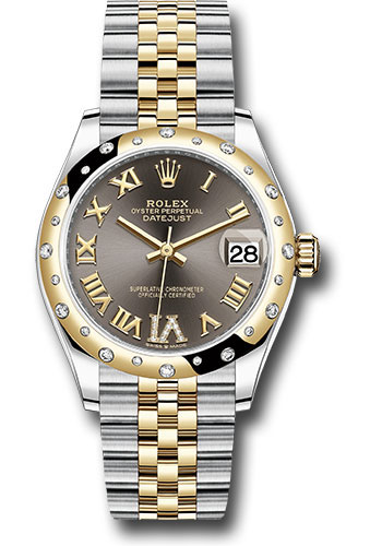 Rolex Steel and Yellow Gold Datejust 31 Watch - Domed Diamond Bezel - Dark Grey Diamond Roman Six Dial - Jubilee Bracelet