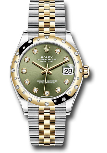 Rolex Steel and Yellow Gold Datejust 31 Watch - Domed Diamond Bezel - Olive Green Diamond Dial - Jubilee Bracelet