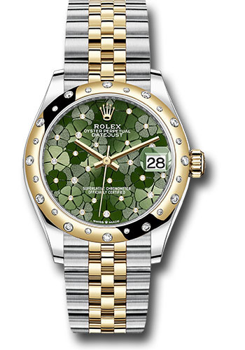 Rolex Yellow Rolesor Datejust 31 Watch - Domed, Diamond Bezel - Olive Green Floral Motif Diamond 6 Dial - Jubilee Bracele