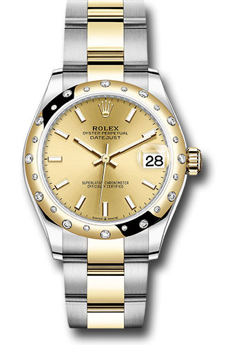 Rolex Steel and Yellow Gold Datejust 31 Watch - Domed Diamond Bezel - Champagne Index Dial - Oyster Bracelet