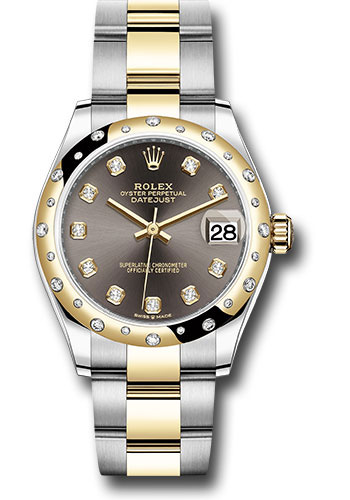 Rolex Steel and Yellow Gold Datejust 31 Watch - Domed Diamond Bezel - Dark Grey Diamond Dial - Oyster Bracelet