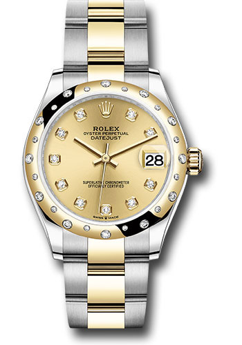 Rolex Steel and Yellow Gold Datejust 31 Watch - Domed Diamond Bezel - Champagne Diamond Dial - Oyster Bracelet