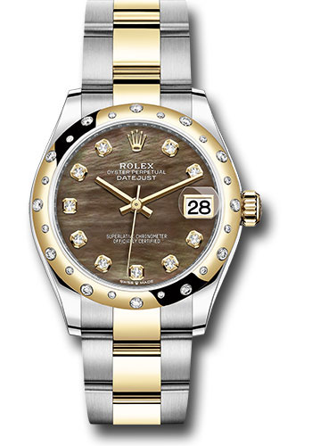 Rolex Steel and Yellow Gold Datejust 31 Watch - Domed Diamond Bezel - Dark Mother-of-Pearl Diamond Dial - Oyster Bracelet