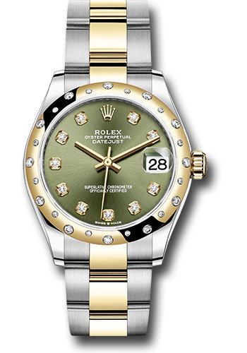 Rolex Steel and Yellow Gold Datejust 31 Watch - Domed Diamond Bezel - Olive Green Diamond Dial - Oyster Bracelet