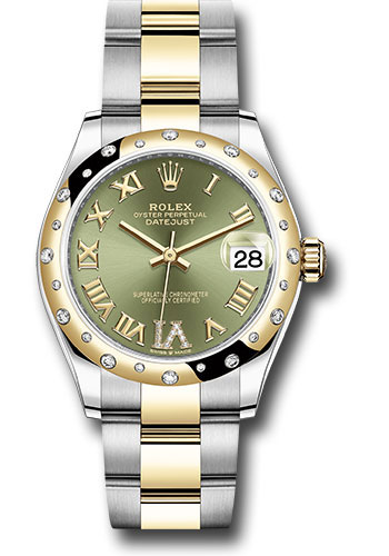 Rolex Steel and Yellow Gold Datejust 31 Watch - Domed Diamond Bezel - Olive Green Diamond Roman Six Dial - Oyster Bracelet