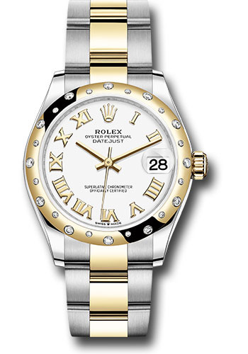 Rolex Steel and Yellow Gold Datejust 31 Watch - Domed Diamond Bezel - White Roman Dial - Oyster Bracelet