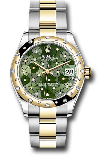 Rolex Yellow Rolesor Datejust 31 Watch - Domed, Diamond Bezel - Olive Green Floral Motif Diamond 6 Dial - Oyster Bracelet