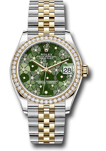 Rolex Yellow Rolesor Datejust 31 Watch - Diamond Bezel - Olive Green Floral Motif Diamond 6 Dial - Jubilee Bracelet