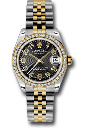Rolex Steel and Yellow Gold Datejust 31 Watch - 46 Diamond Bezel - Black Concentric Circle Arabic Dial - Jubilee Bracelet