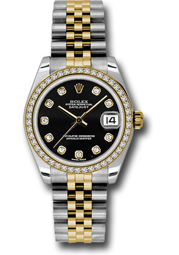Rolex Steel and Yellow Gold Datejust 31 Watch - 46 Diamond Bezel - Black Diamond Dial - Jubilee Bracelet