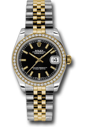 Rolex Steel and Yellow Gold Datejust 31 Watch - 46 Diamond Bezel - Black Index Dial - Jubilee Bracelet