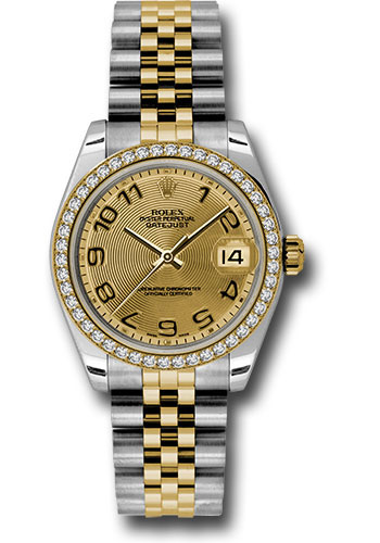 Rolex Steel and Yellow Gold Datejust 31 Watch - 46 Diamond Bezel - Champagne Concentric Circle Arabic Dial - Jubilee Bracelet