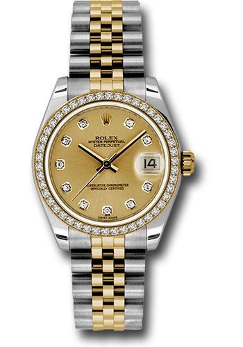 Rolex Steel and Yellow Gold Datejust 31 Watch - 46 Diamond Bezel - Champagne Diamond Dial - Jubilee Bracelet