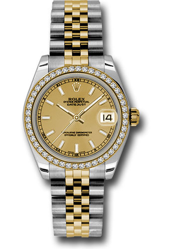 Rolex Steel and Yellow Gold Datejust 31 Watch - 46 Diamond Bezel - Champagne Index Dial - Jubilee Bracelet