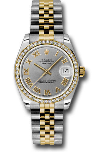 Rolex Steel and Yellow Gold Datejust 31 Watch - 46 Diamond Bezel - Grey Roman Dial - Jubilee Bracelet