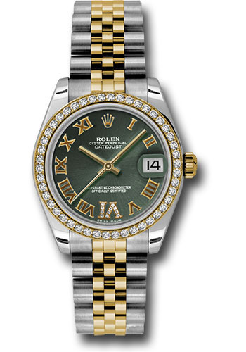 Rolex Steel and Yellow Gold Datejust 31 Watch - 46 Diamond Bezel - Olive Green Diamond Roman Vi Roman Dial - Jubilee Bracelet