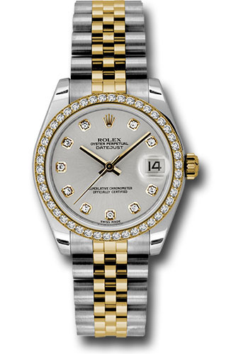 Rolex Steel and Yellow Gold Datejust 31 Watch - 46 Diamond Bezel - Silver Diamond Dial - Jubilee Bracelet