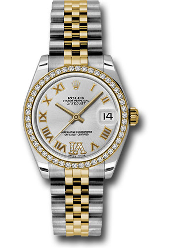 Rolex Steel and Yellow Gold Datejust 31 Watch - 46 Diamond Bezel - Silver Diamond Roman Vi Roman Dial - Jubilee Bracelet