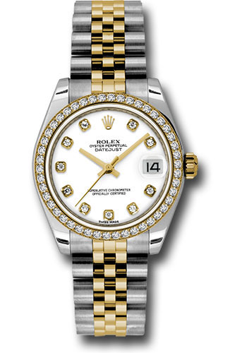 Rolex Steel and Yellow Gold Datejust 31 Watch - 46 Diamond Bezel - White Diamond Dial - Jubilee Bracelet