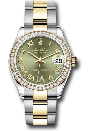 Rolex Steel and Yellow Gold Datejust 31 Watch - Diamond Bezel - Olive Green Diamond Roman Six Dial - Oyster Bracelet