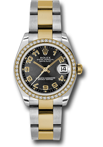 Rolex Steel and Yellow Gold Datejust 31 Watch - 46 Diamond Bezel - Black Concentric Circle Arabic Dial - Oyster Bracelet