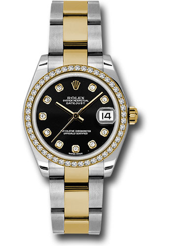 Rolex Steel and Yellow Gold Datejust 31 Watch - 46 Diamond Bezel - Black Diamond Dial - Oyster Bracelet