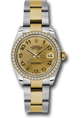 Rolex Steel and Yellow Gold Datejust 31 Watch - 46 Diamond Bezel - Champagne Concentric Circle Arabic Dial - Oyster Bracelet