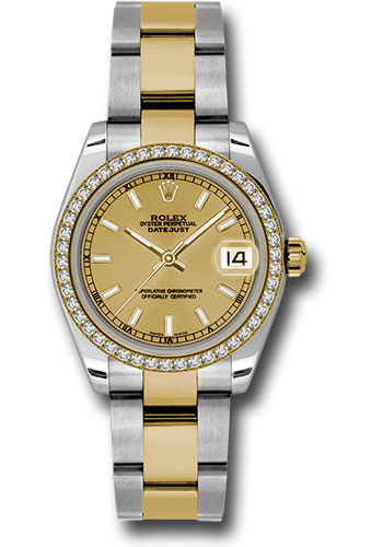 Rolex Steel and Yellow Gold Datejust 31 Watch - 46 Diamond Bezel - Champagne Index Dial - Oyster Bracelet