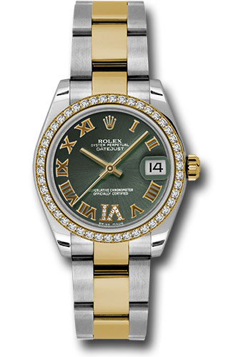 Rolex Steel and Yellow Gold Datejust 31 Watch - 46 Diamond Bezel - Olive Green Diamond Roman Vi Roman Dial - Oyster Bracelet
