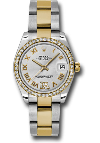 Rolex Steel and Yellow Gold Datejust 31 Watch - 46 Diamond Bezel - Silver Diamond Roman Vi Roman Dial - Oyster Bracelet