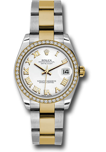 Rolex Steel and Yellow Gold Datejust 31 Watch - 46 Diamond Bezel - White Roman Dial - Oyster Bracelet