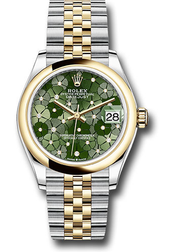 Rolex Yellow Rolesor Datejust 31 Watch - Domed Bezel - Olive Green Floral Motif Diamond 6 Dial - Jubilee Bracelet