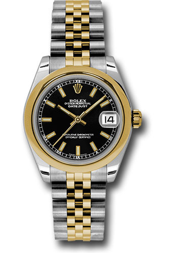 Rolex Steel and Yellow Gold Datejust 31 Watch - Domed Bezel - Black Index Dial - Jubilee Bracelet