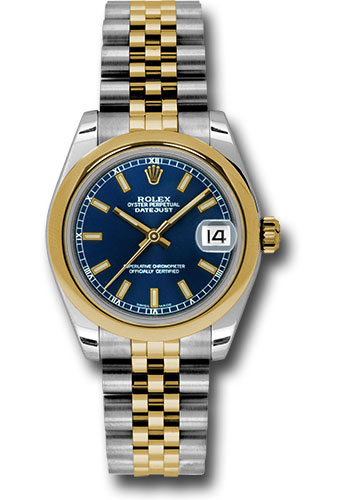 Rolex Steel and Yellow Gold Datejust 31 Watch - Domed Bezel - Blue Index Dial - Jubilee Bracelet
