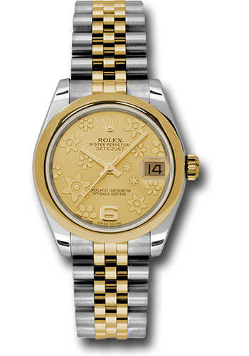 Rolex Steel and Yellow Gold Datejust 31 Watch - Domed Bezel - Champagne Floral Motif Dial - Jubilee Bracelet