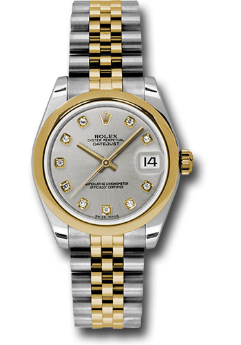 Rolex Steel and Yellow Gold Datejust 31 Watch - Domed Bezel - Silver Diamond Dial - Jubilee Bracelet