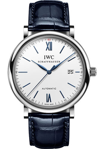 IWC Portofino Automatic Watch - Stainless Steel Case - Silver-Plated Dial - Blue Alligator Leather Strap