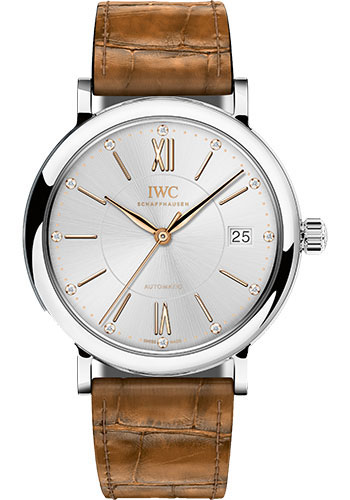 IWC Portofino Midsize Automatic Watch - 37 mm Stainless Steel Case - Silver Dial - Light Brown Alligator Strap