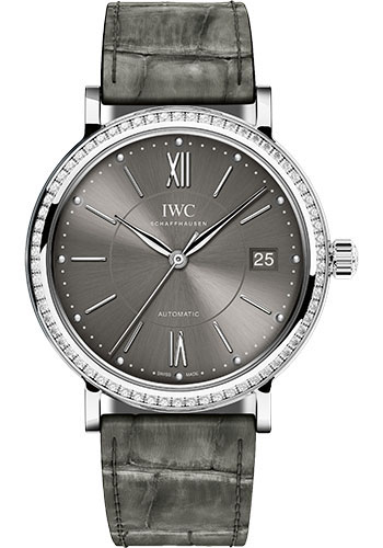 IWC Portofino Midsize Automatic Watch - 37 mm Stainless Steel Case - Grey Dial - Grey Alligator Strap