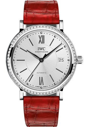 IWC Portofino Midsize Automatic Watch - 37 mm Stainless Steel Case - Silver Dial - Red Alligator Strap