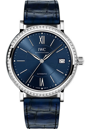 IWC Portofino Automatic 37 Watch - 37.0 mm Stainless Steel Case - Diamond Bezel - Blue Dial - Blue Alligator Strap