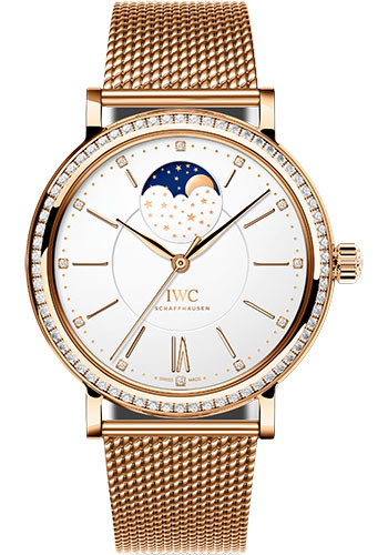 IWC Portofino Automatic Moon Phase 37 Watch - 37.0 mm 5N Gold Case - Diamond Bezel - Silver Dial - Milanaise Mesh 5N Gold Bracelet