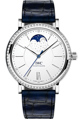 IWC Portofino Automatic Moon Phase 37 Watch - 37.0 mm Stainless Steel Case - Diamond Bezel - Silver Dial - Blue Alligator Strap
