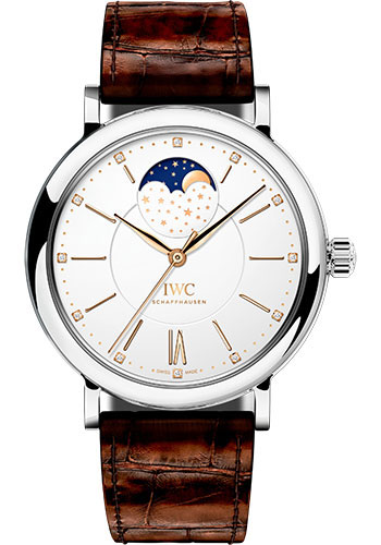IWC Portofino Automatic Moon Phase 37 Watch - 37.0 mm Stainless Steel Case - Silver Dial - Dark Brown Alligator Strap