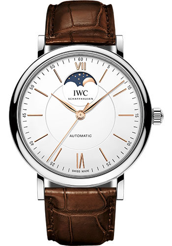IWC Portofino Automatic Moon Phase Watch - 40.0 mm Stainless Steel Case - Silver Dial - Dark Brown Alligator Strap