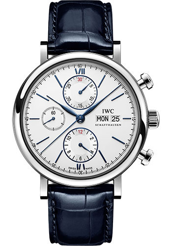 IWC Portofino Chronograph Watch - Stainless Steel Case - Silver-Plated Dial - Blue Alligator Leather Strap