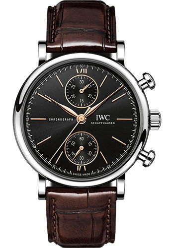 IWC Portofino Chronograph 39 Watch - Stainless Steel Case - Black Dial - Dark Brown Alligator Leather Strap